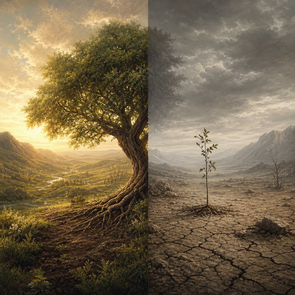 contrast between balanced earth energy bringing stability and growth versus absent earth element creating instability