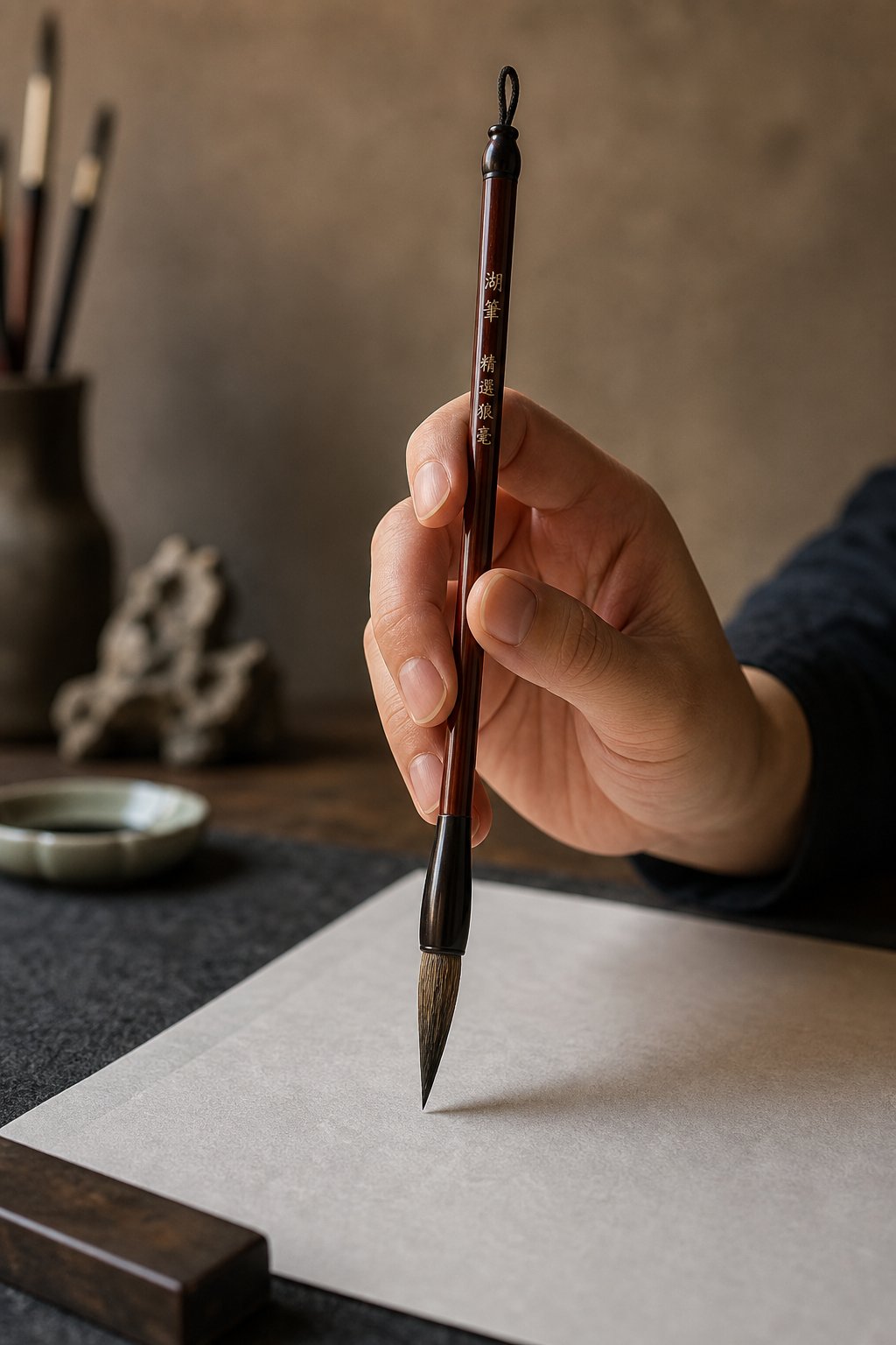correct vertical brush grip for chinese calligraphy with a relaxed hollow palm
