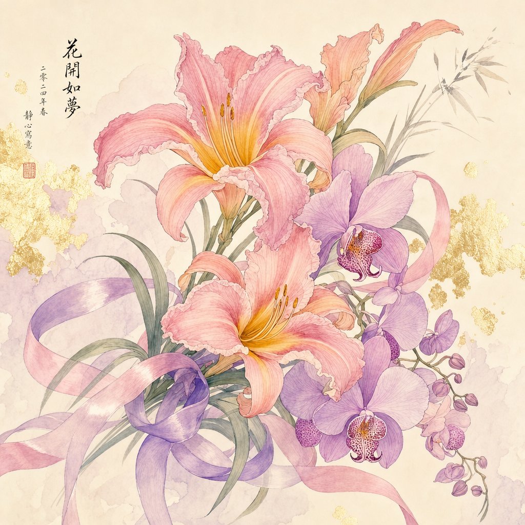 daylilies and orchids in traditional brush style reflecting the grace and natural beauty of horse baby girl names