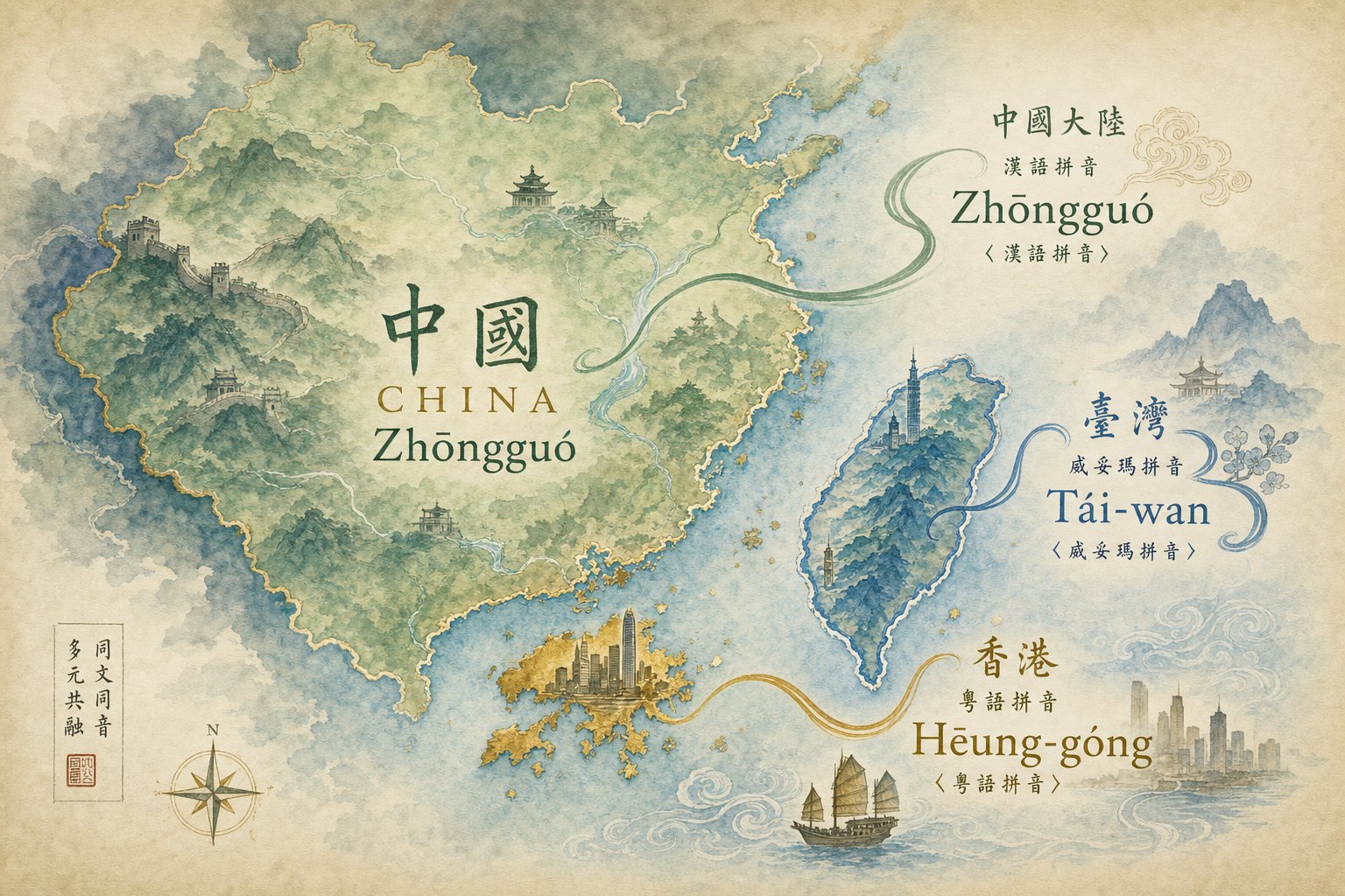different chinese speaking regions use distinct romanization systems that produce varied english spellings for the same characters
