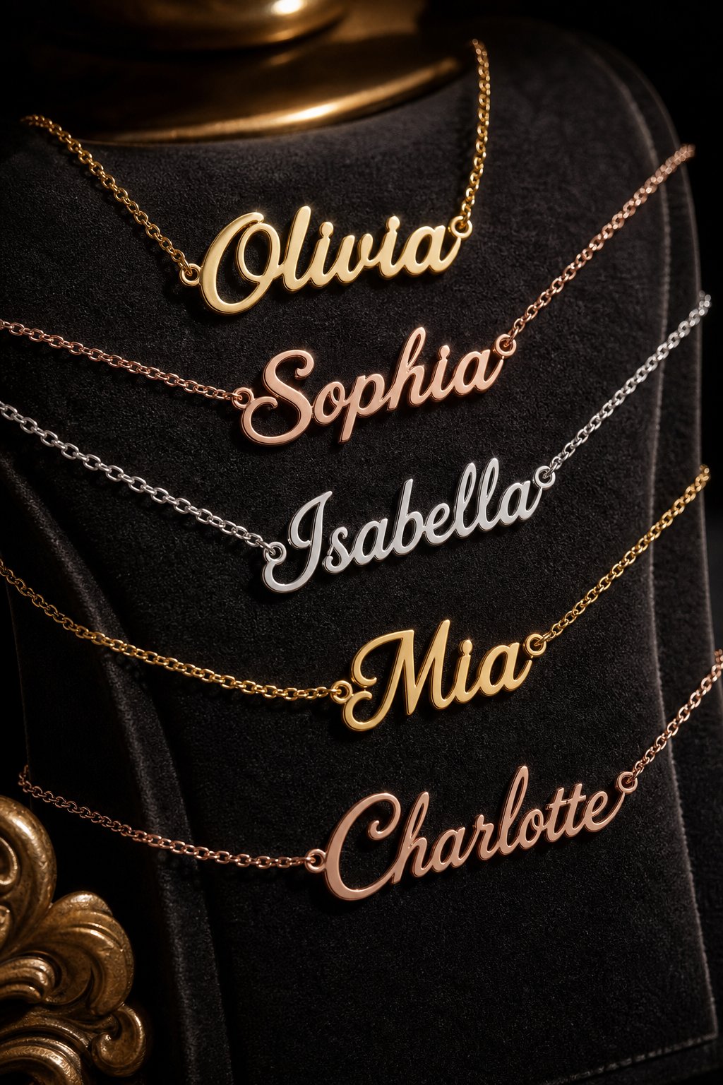 different metal options for pinyin name necklaces including solid gold rose gold and sterling silver finishes