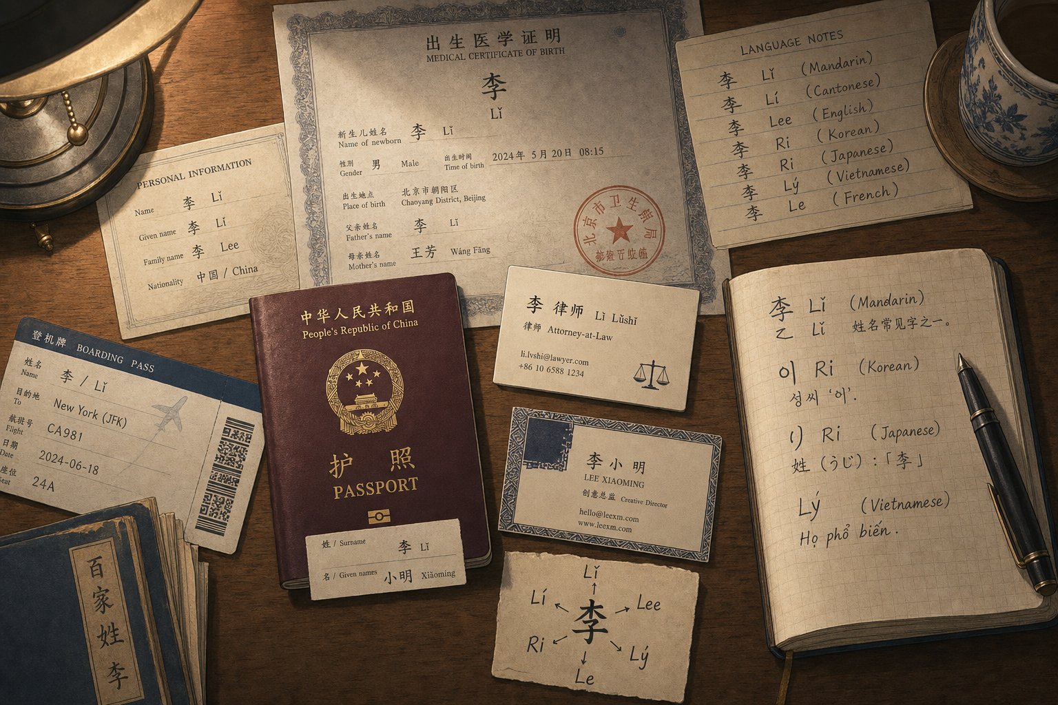 documents and cards showing the same taiwanese surname spelled differently across romanization systems