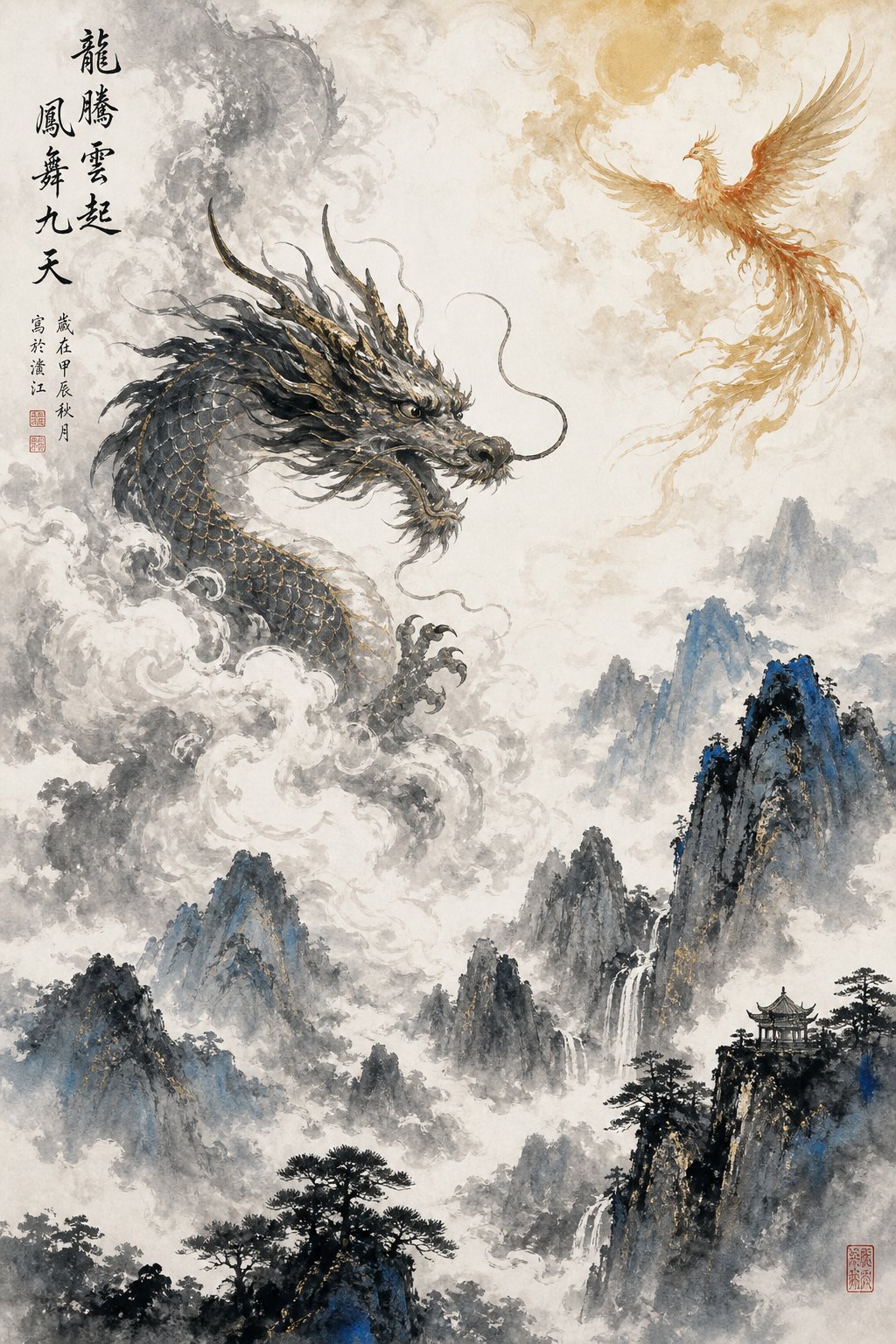 dragon and phoenix amid clouds representing the cosmic nature imagery found in three kingdoms naming conventions