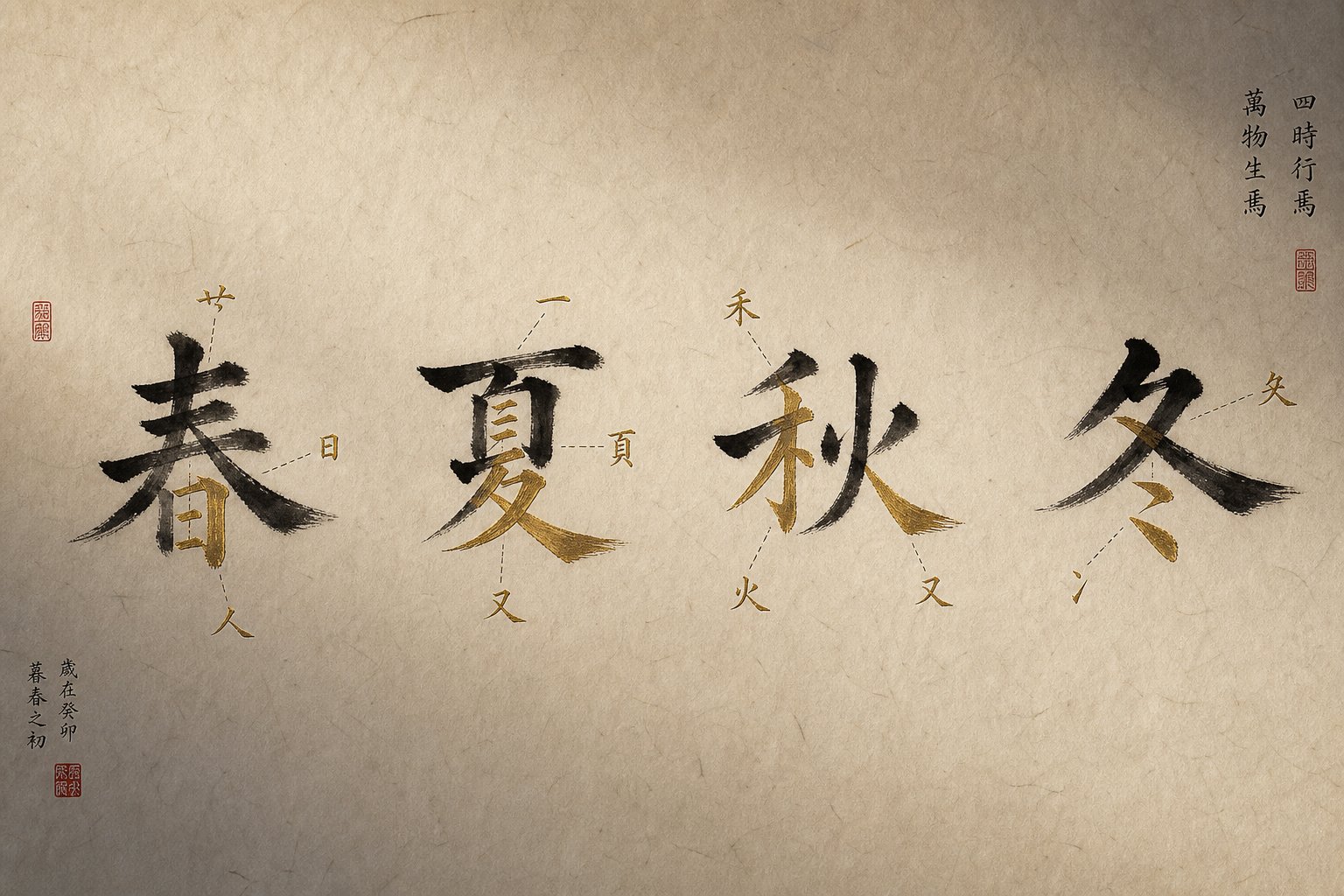 each season character contains radicals that tell a visual story of sun grain fire and ice