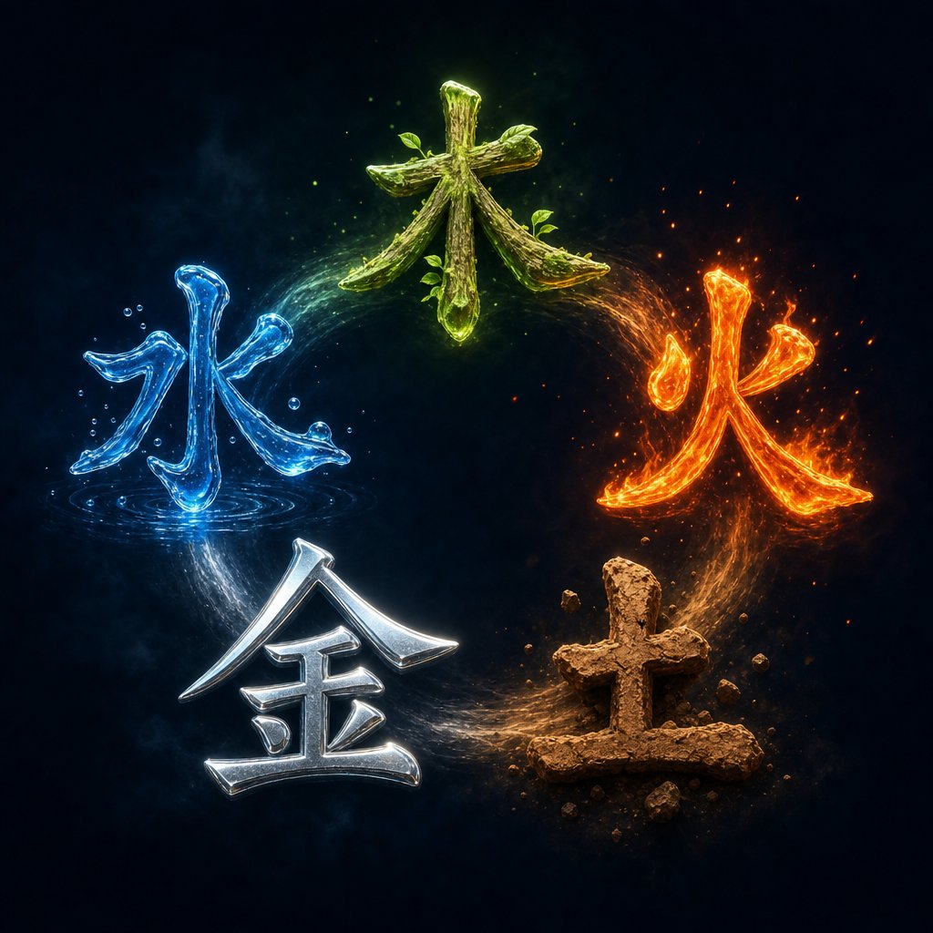 five element radicals used in chinese naming each rendered in their corresponding elemental energy