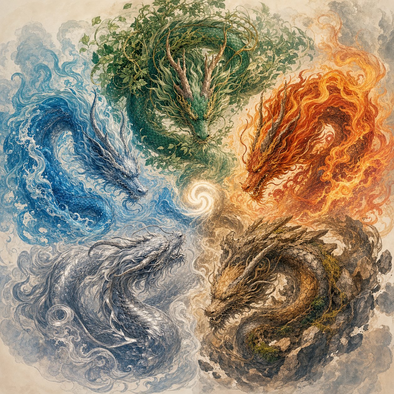 five elemental dragons representing wood fire earth metal and water in the chinese zodiac cycle