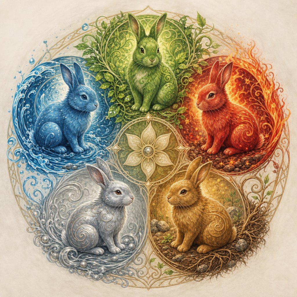 five elemental rabbit variations representing wood fire earth metal and water year cycles