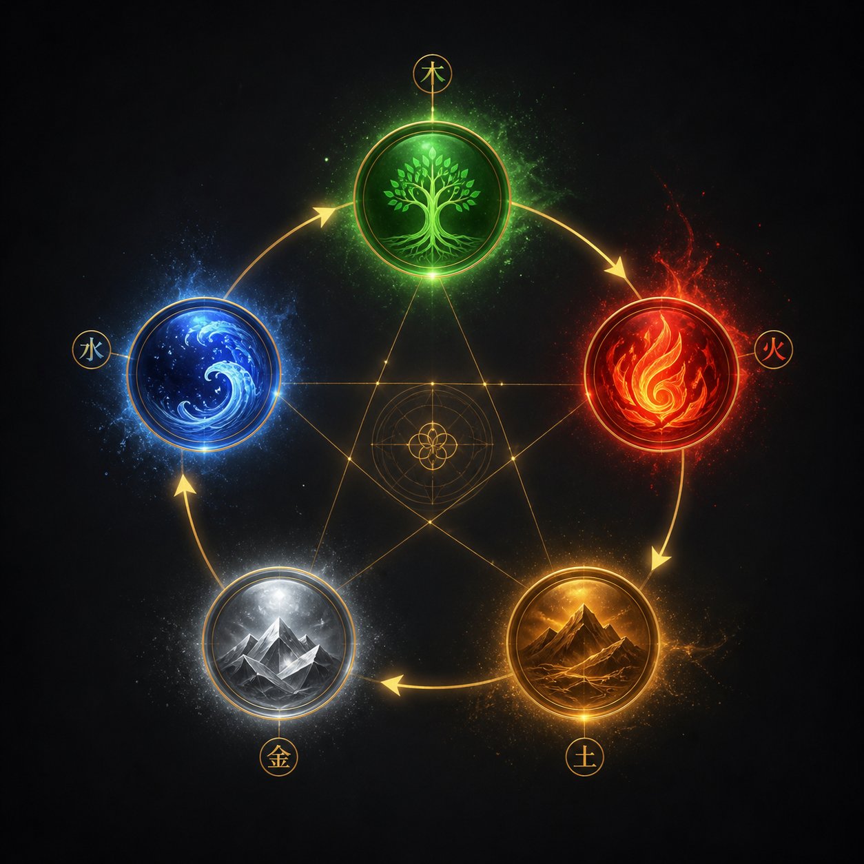 five elements framework showing the energetic relationships that guide feng shui name selection