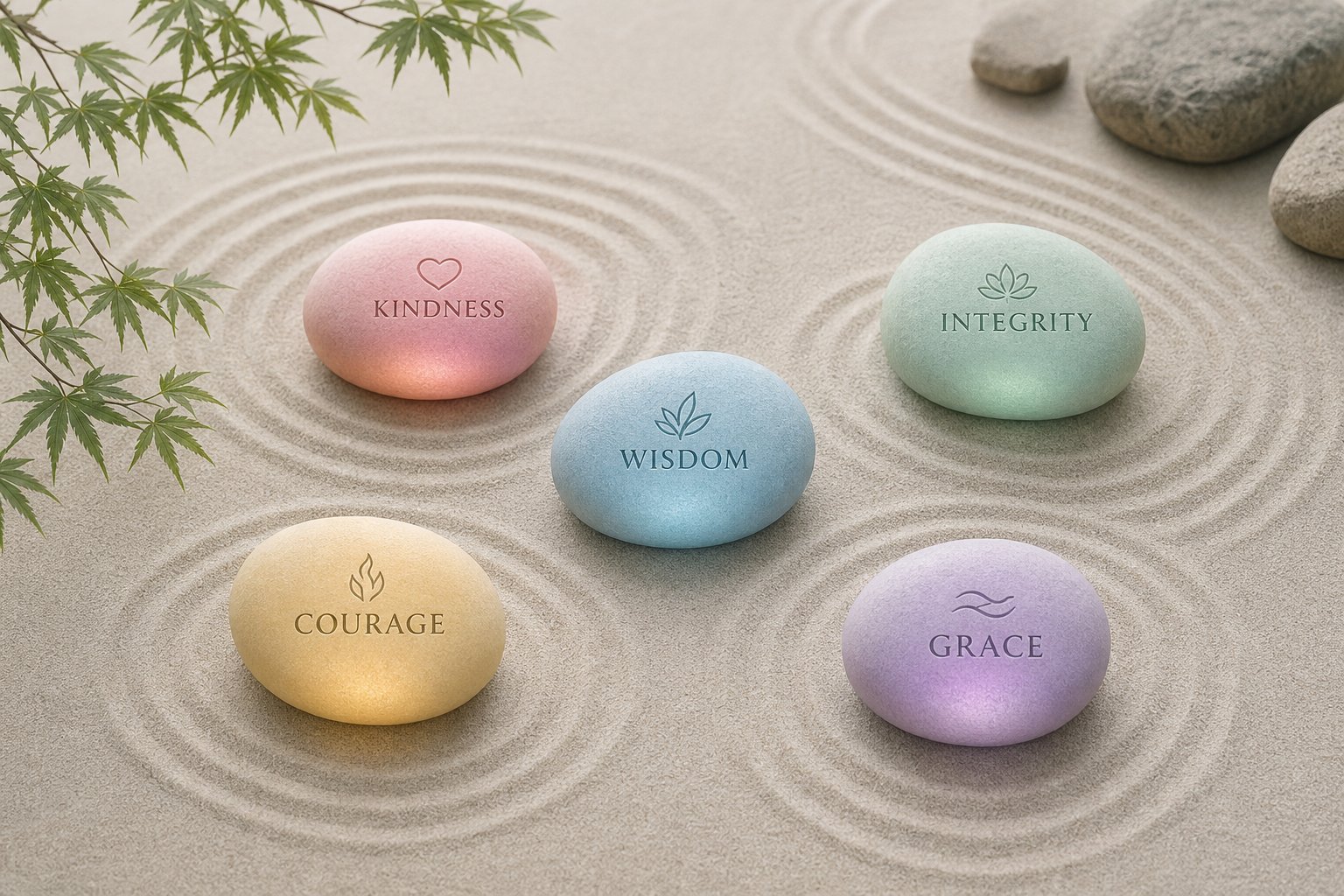 five stones representing the moral categories of chinese virtue names kindness wisdom integrity courage and grace