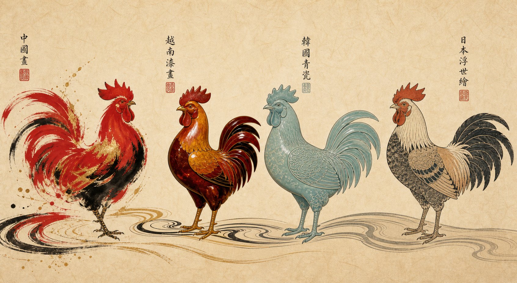 four artistic interpretations of the zodiac rooster across chinese vietnamese korean and japanese cultural traditions
