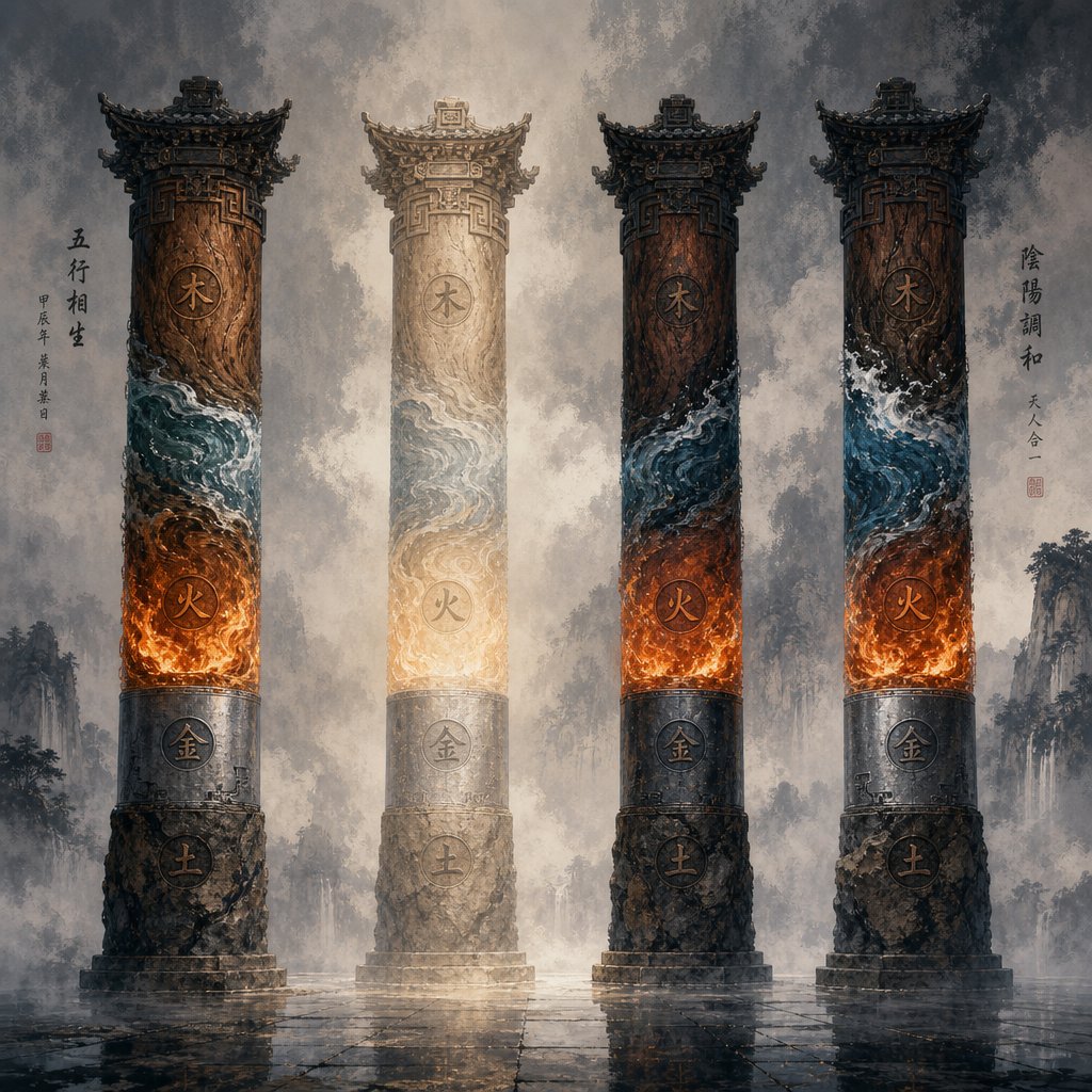 four bazi pillars showing elemental forces surrounding and influencing the central day master element