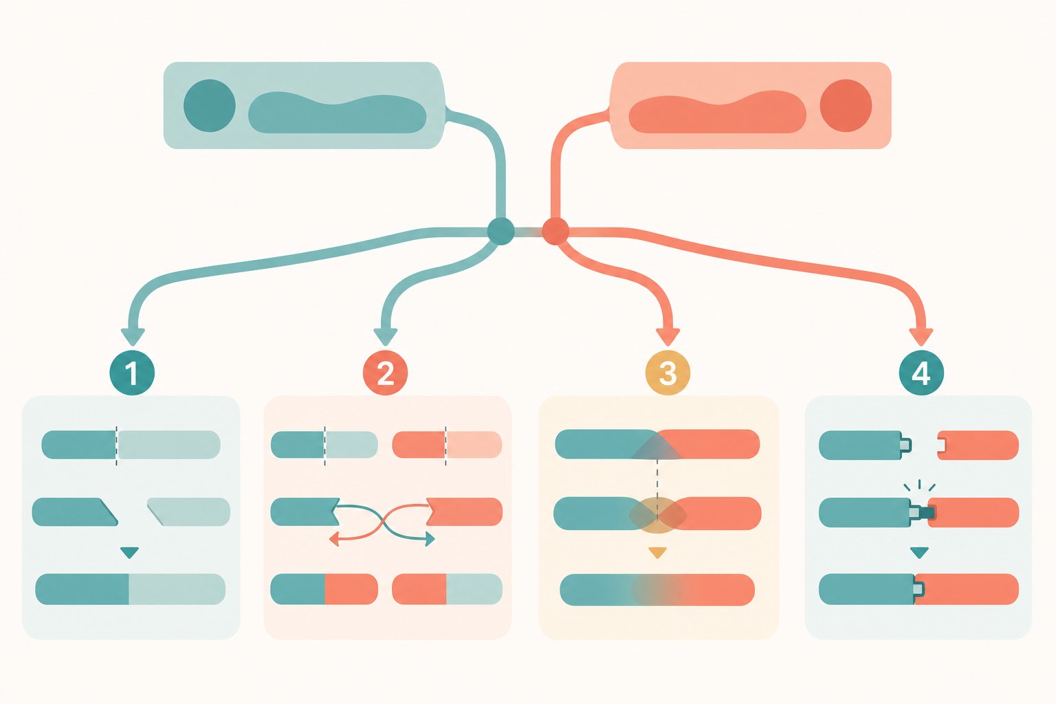 four distinct methods for combining names each produce different results depending on the source names