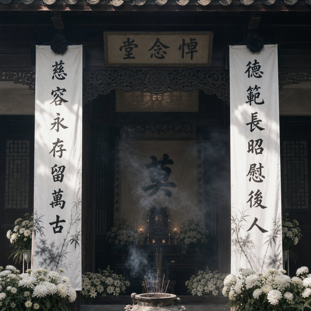 funeral banners follow strict calligraphic protocols for how the deceased's name is positioned and rendered