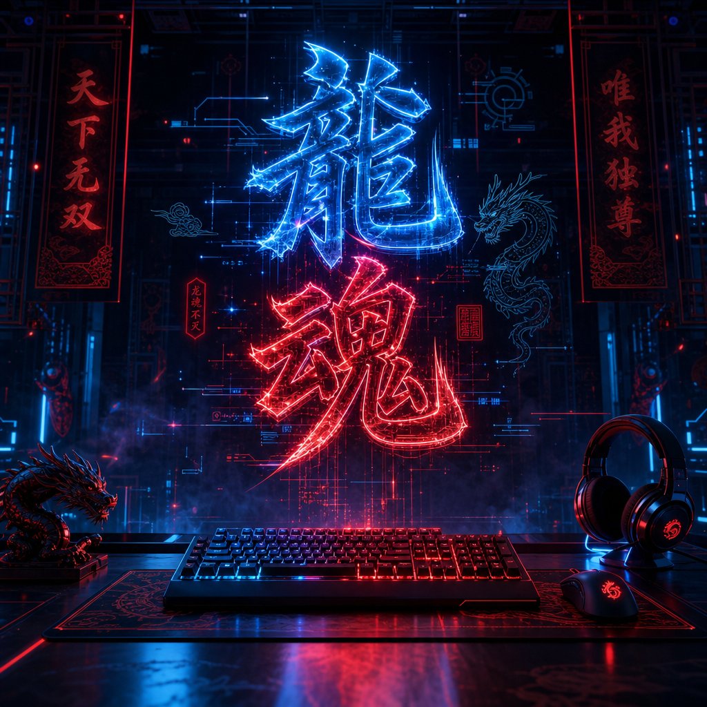 glowing chinese characters as gaming display names projected in a futuristic cyberpunk setting
