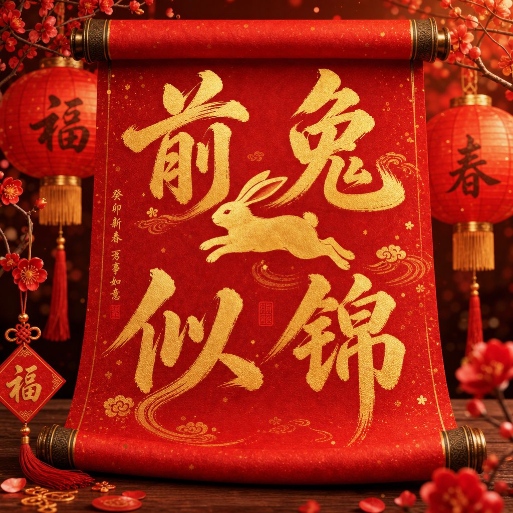 golden calligraphy of rabbit year four character idioms on traditional red festival scrolls
