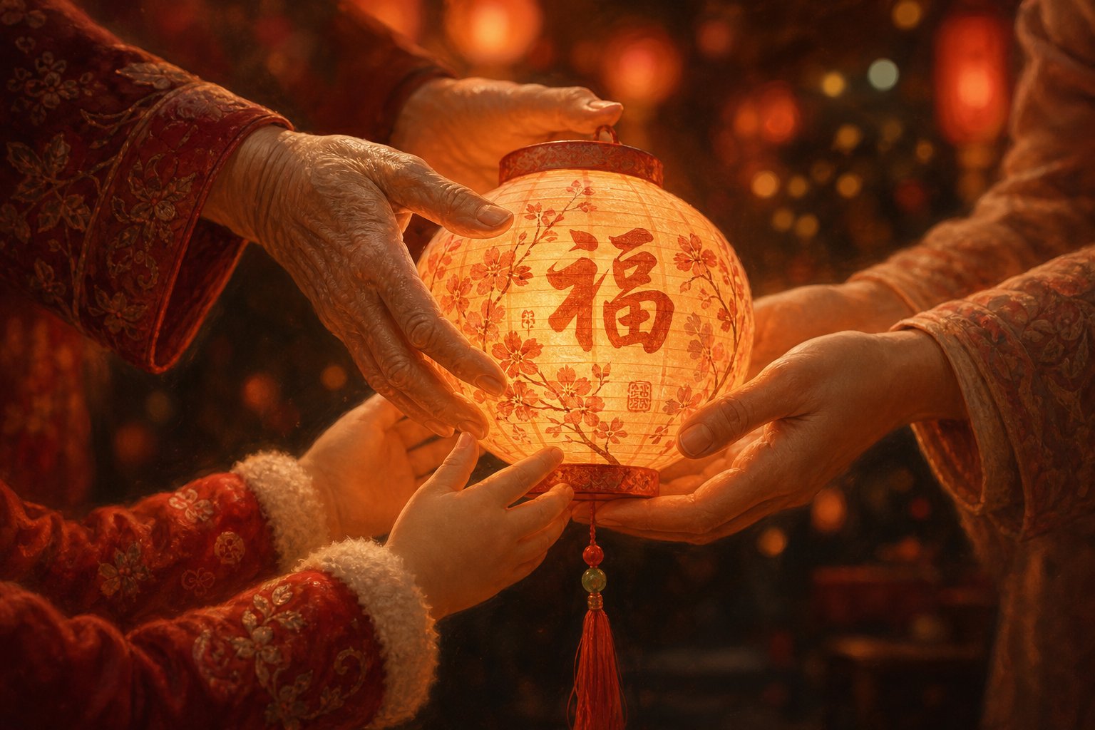 hands passing a glowing lantern symbolizing the tradition of carrying forward light through generational chinese names