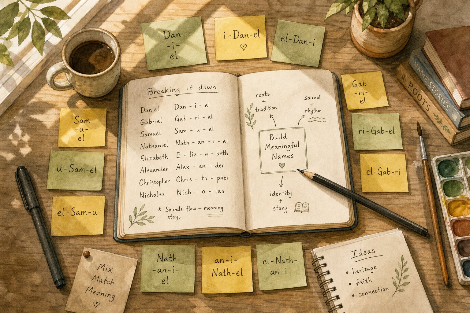 manual name blending process with syllable breakdowns and fragment arrangements on paper