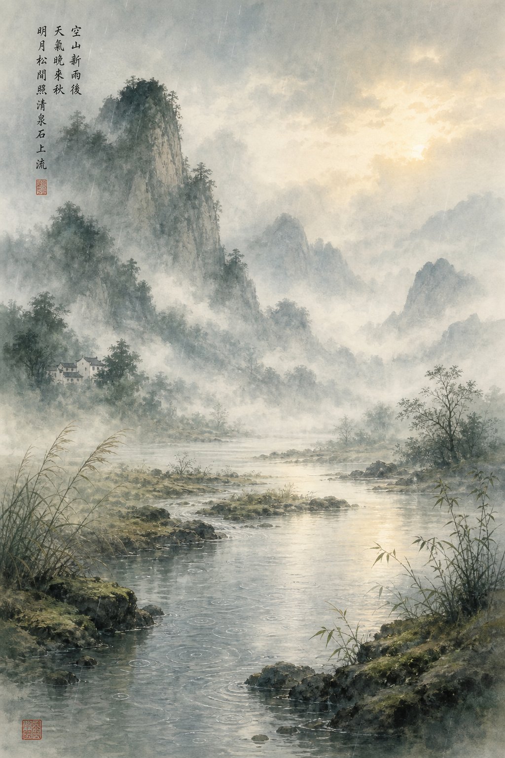 misty mountain stream at dawn evoking the poetic imagery behind chinese river and rain names