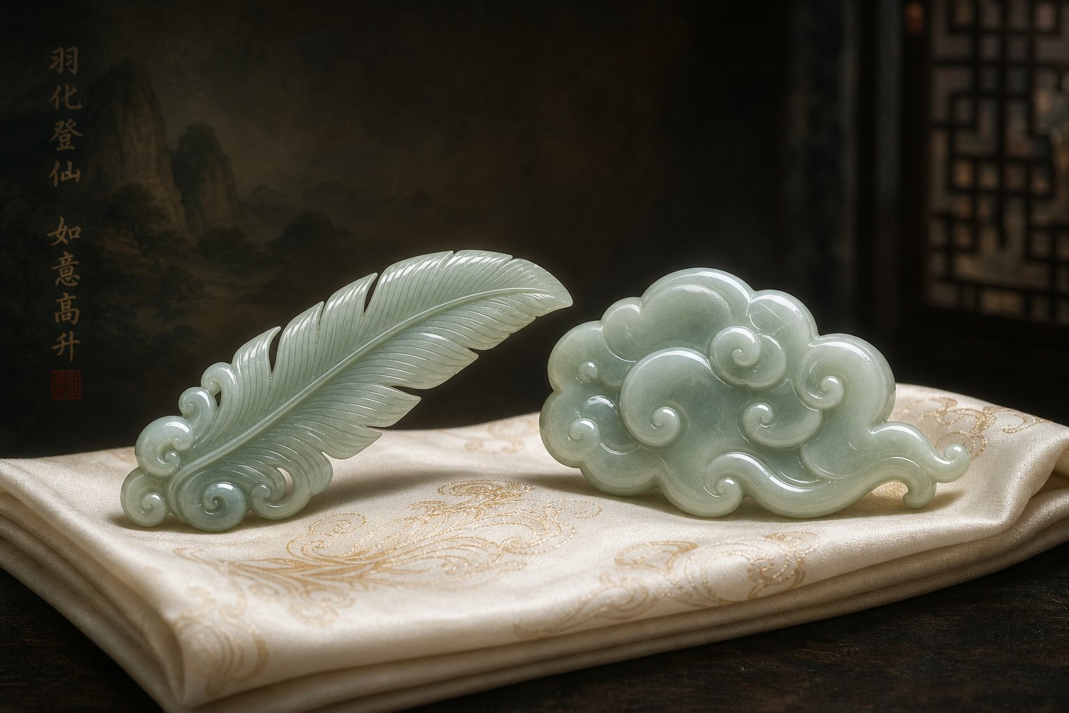 paired jade carvings of a feather and cloud symbolizing the poetic relationship between given names and courtesy names