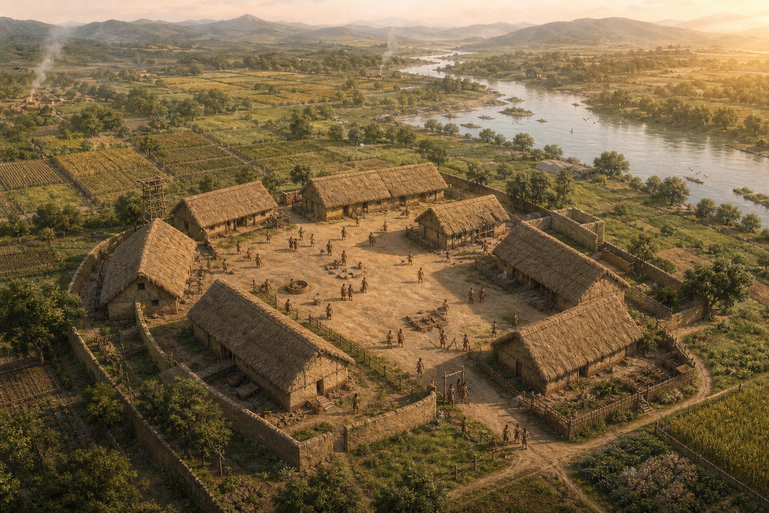 reconstruction of a neolithic matrilineal settlement similar to banpo with communal longhouses organized around female kin groups