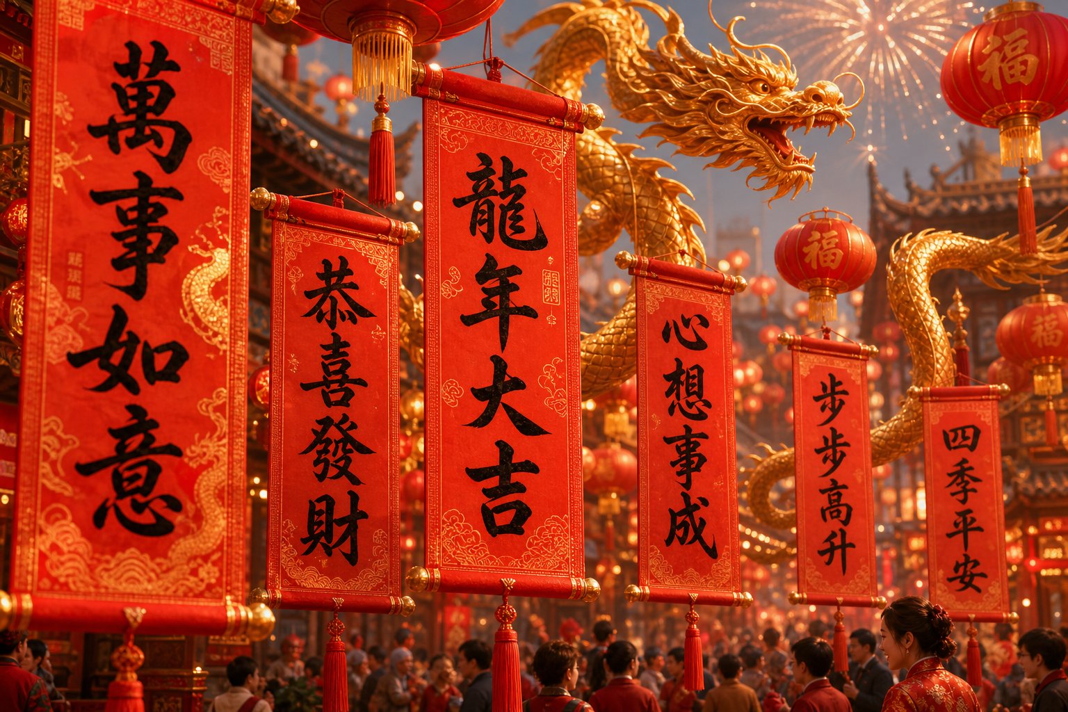 red celebration banners featuring dragon idioms commonly displayed during lunar new year festivities