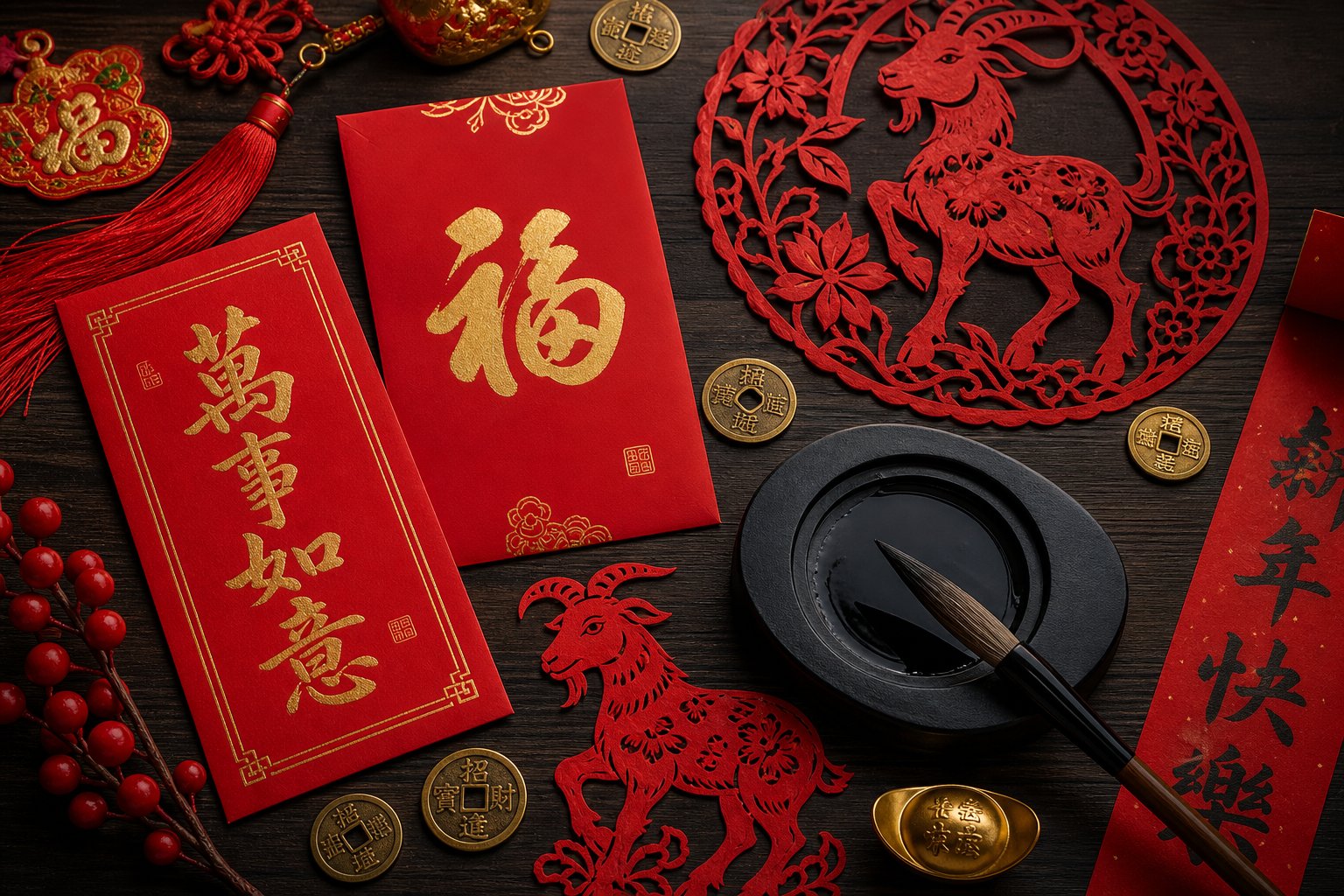 red envelopes paper cuttings and calligraphy tools used for goat year celebrations and blessings