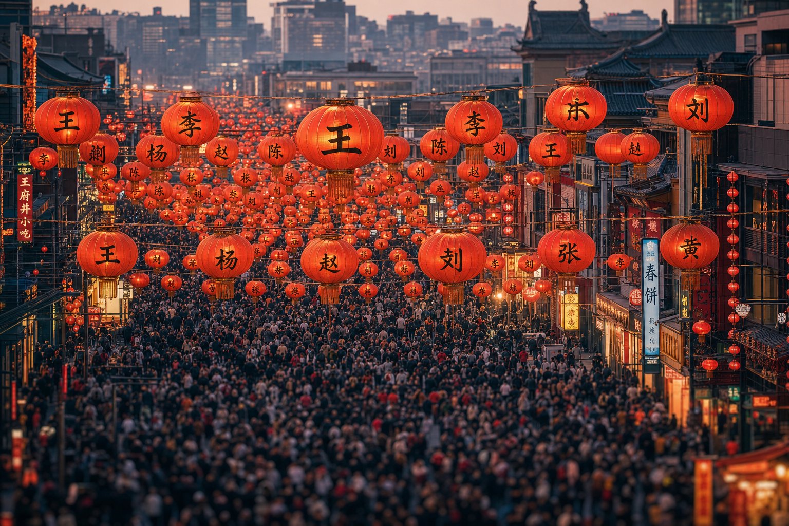red lanterns bearing common chinese surname characters symbolizing how few names are shared by billions