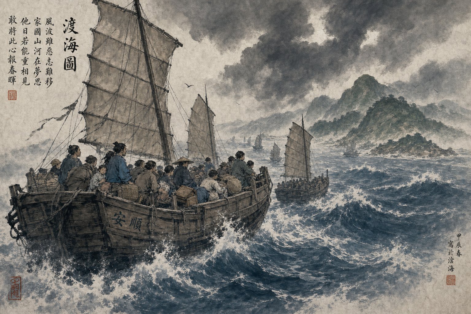 sailing junks crossing the taiwan strait representing centuries of hoklo and hakka migration from fujian and guangdong