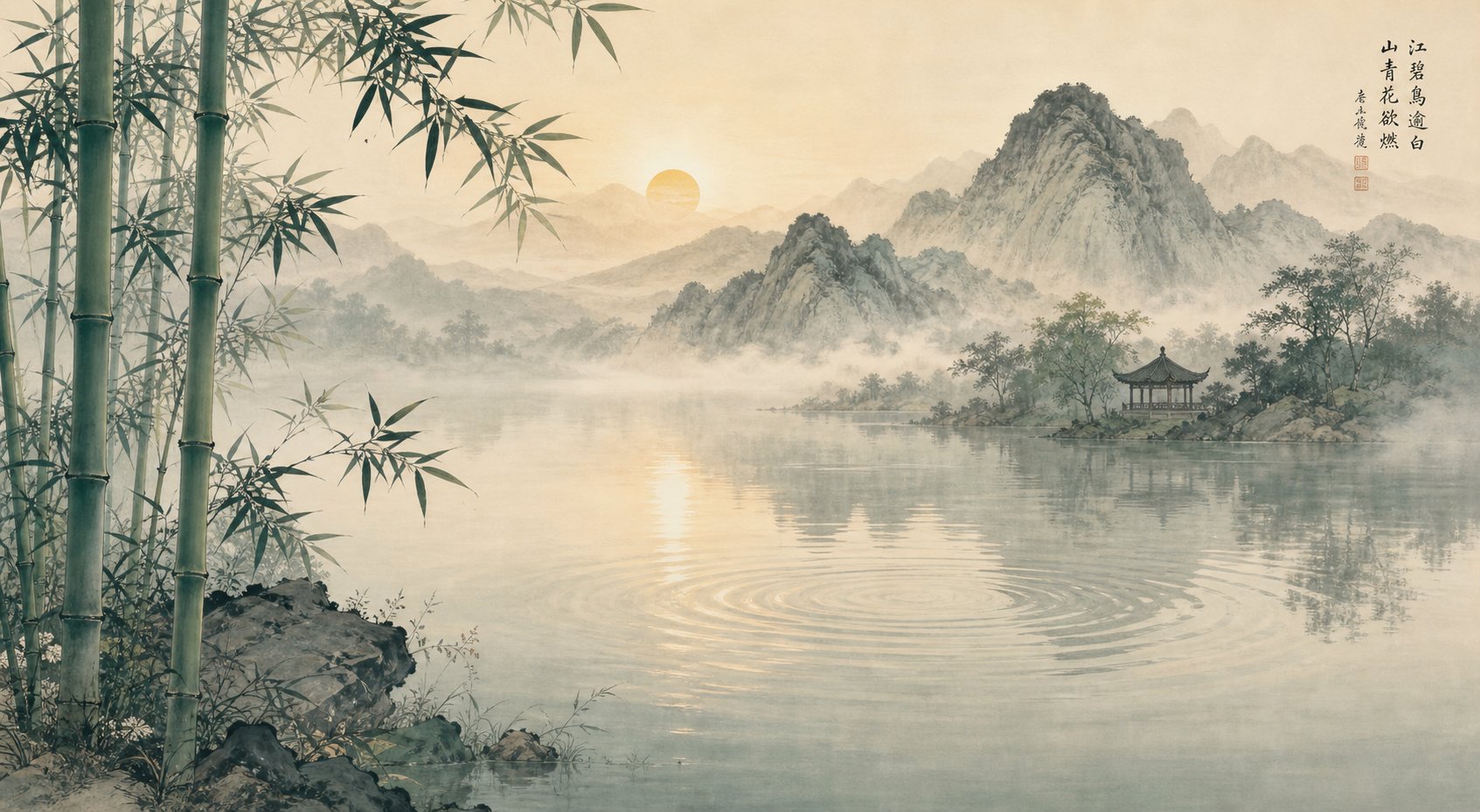 serene mountain lake with bamboo and mist evoking the natural imagery behind chinese nature inspired names