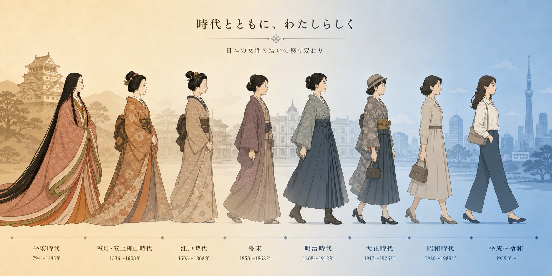 silhouettes of japanese women across historical eras showing how naming conventions evolved from feudal times to the modern reiwa period