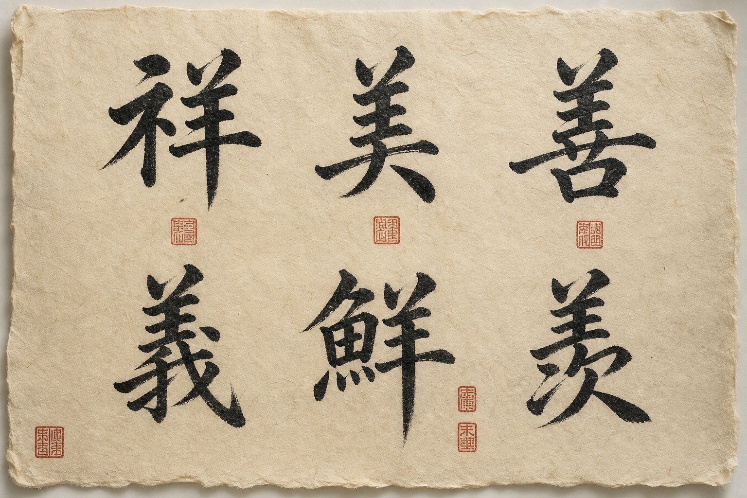 six core lucky characters containing the 羊 radical each carrying auspicious meaning rooted in the goat's zodiac energy