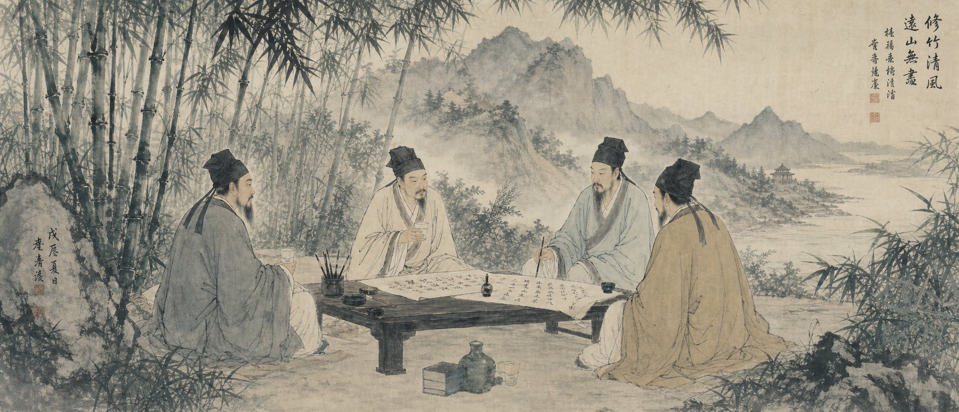 song dynasty scholar calligraphers gathered in a garden setting embodying the era's emphasis on personal expression
