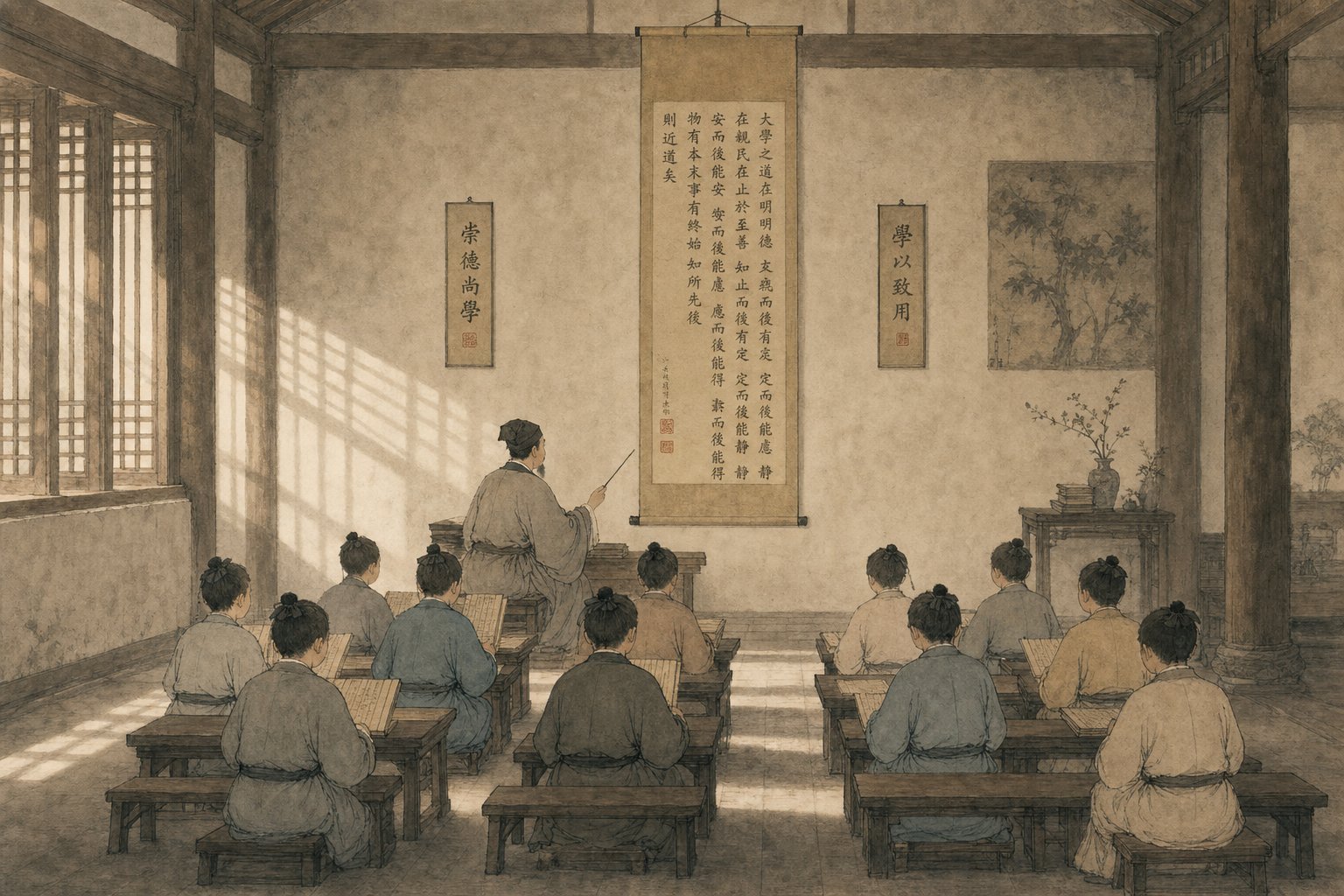 song dynasty students learning surnames from the baijiaxing text in a traditional classroom