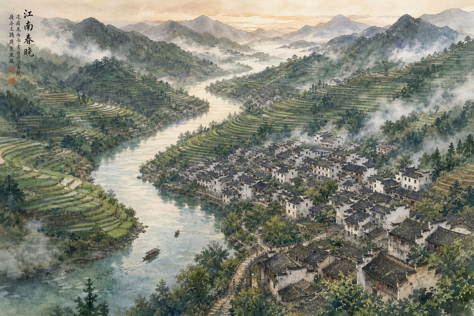 southern chinese landscape representing the migration routes that carried the he surname from anhui to guangdong