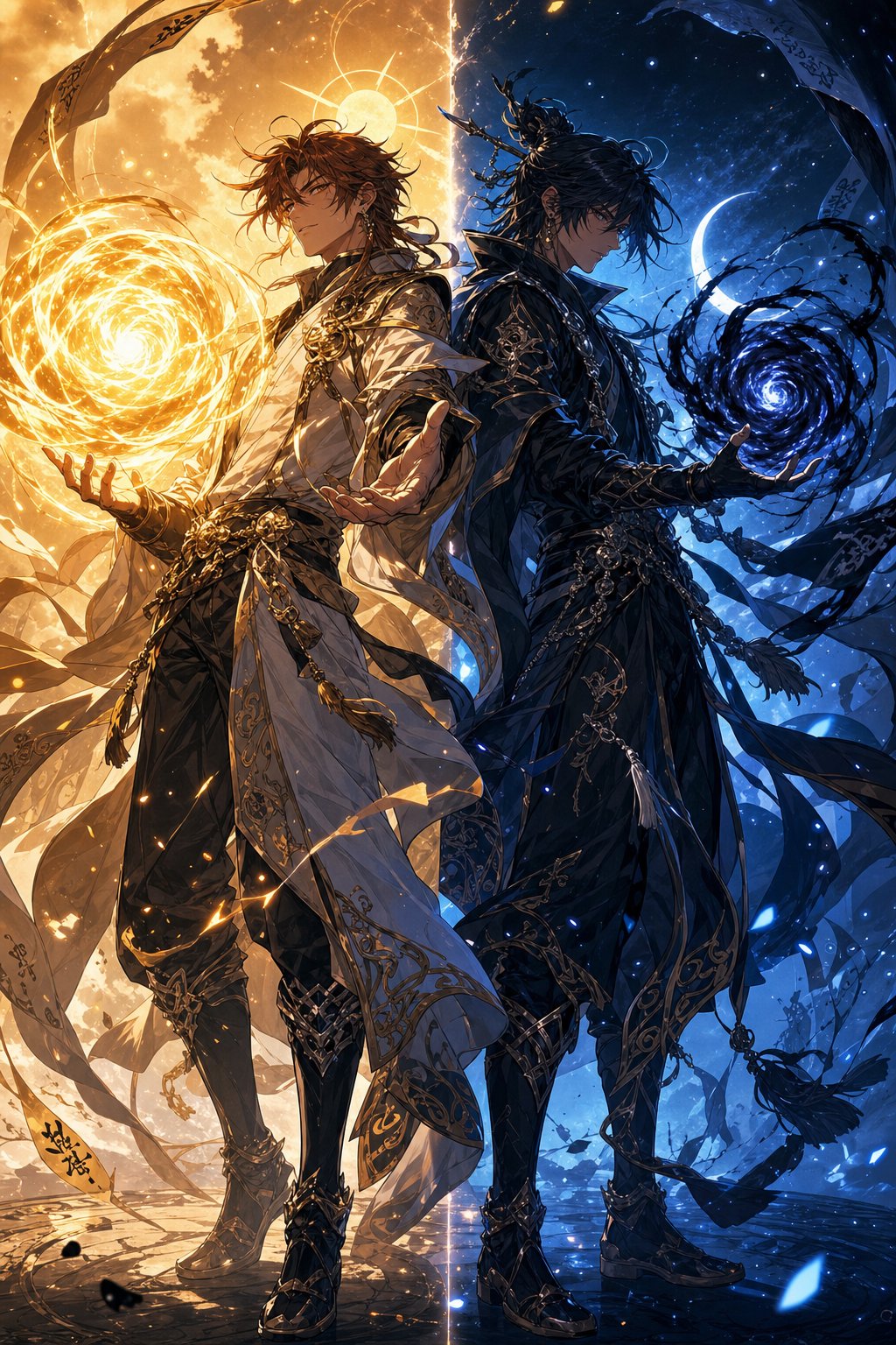 sun and moon energy collide two rival warriors embodying opposite forces drawn together by destiny