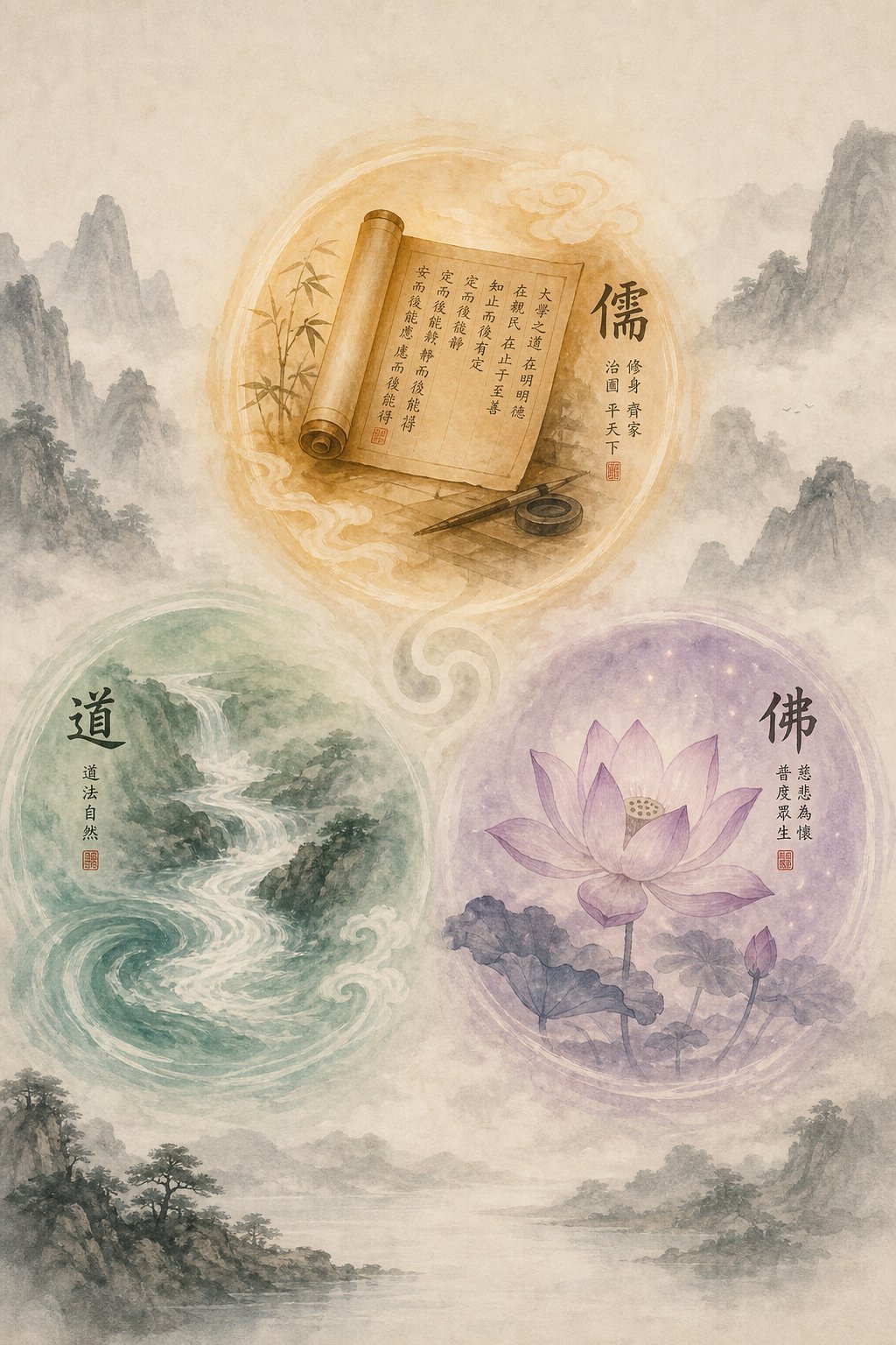 symbols representing the three chinese philosophical traditions that shaped the meaning of wisdom