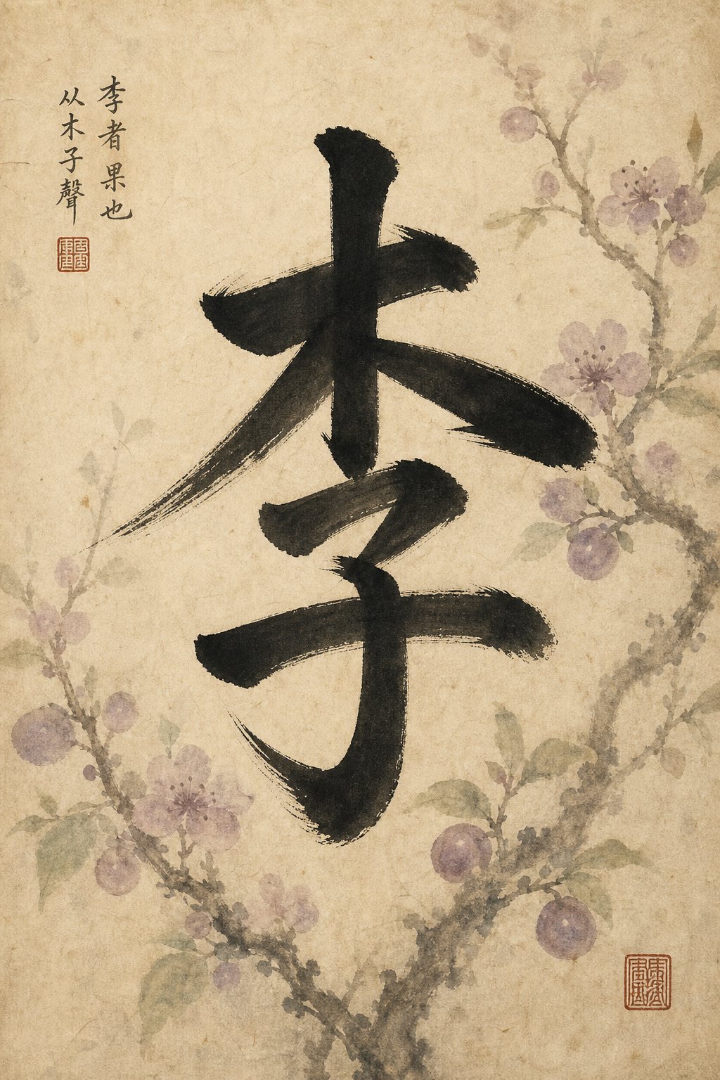 the character 李 combines tree (木) and seed (子) radicals to depict a fruit bearing plum tree