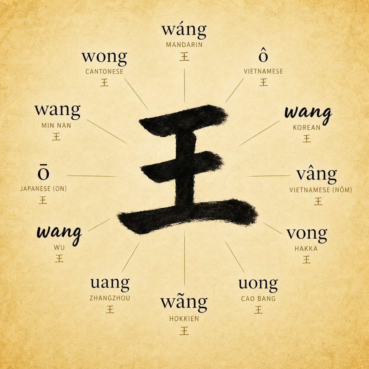 the character 王 connects surname spellings wong wang ong and vong across dialect communities worldwide