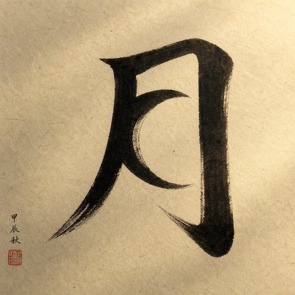 the chinese character 月 (yuè) rendered in traditional calligraphy showing the crescent moon shape preserved in its four elegant brushstrokes
