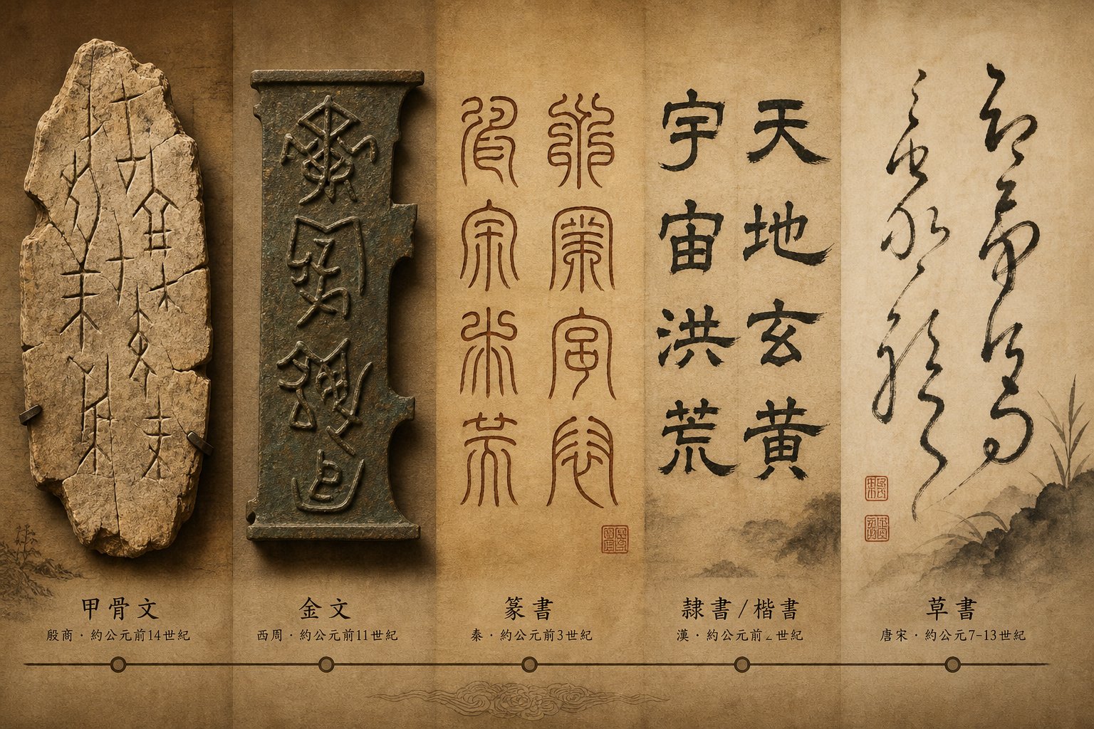 the evolution of chinese script styles from ancient oracle bone carvings to modern brushwork reflecting thousands of years of writing development