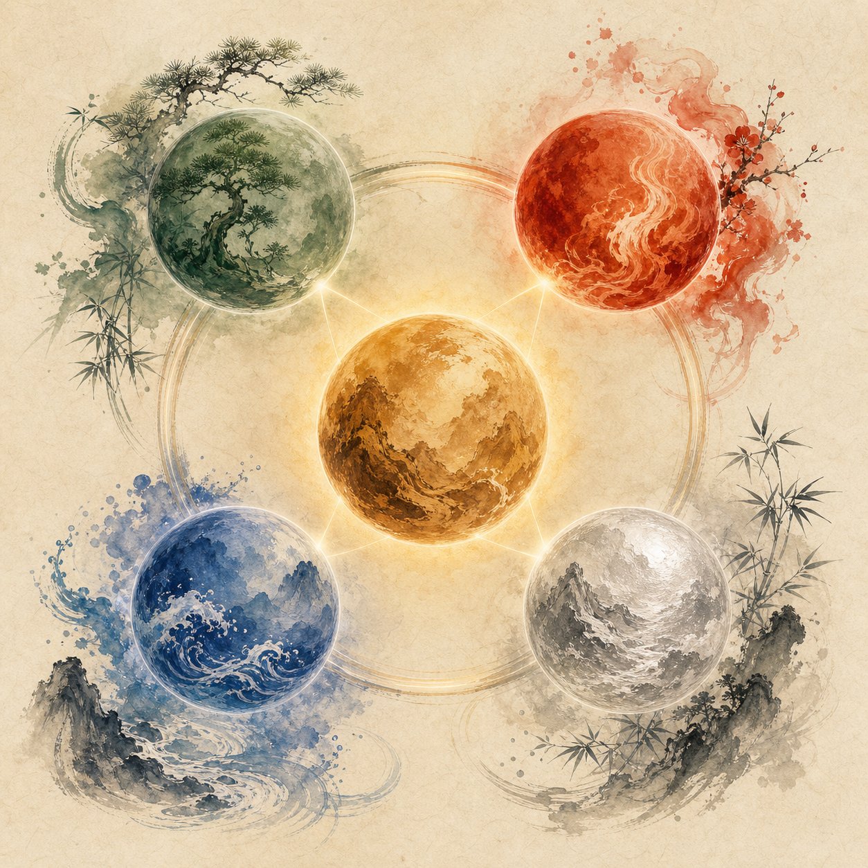 the five elements cycle in chinese philosophy with earth positioned at the center
