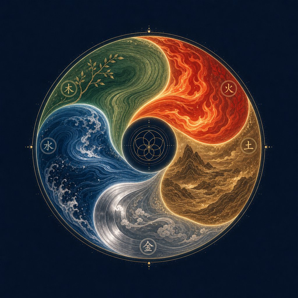 the five elements cycle of wood fire earth metal and water used in chinese naming