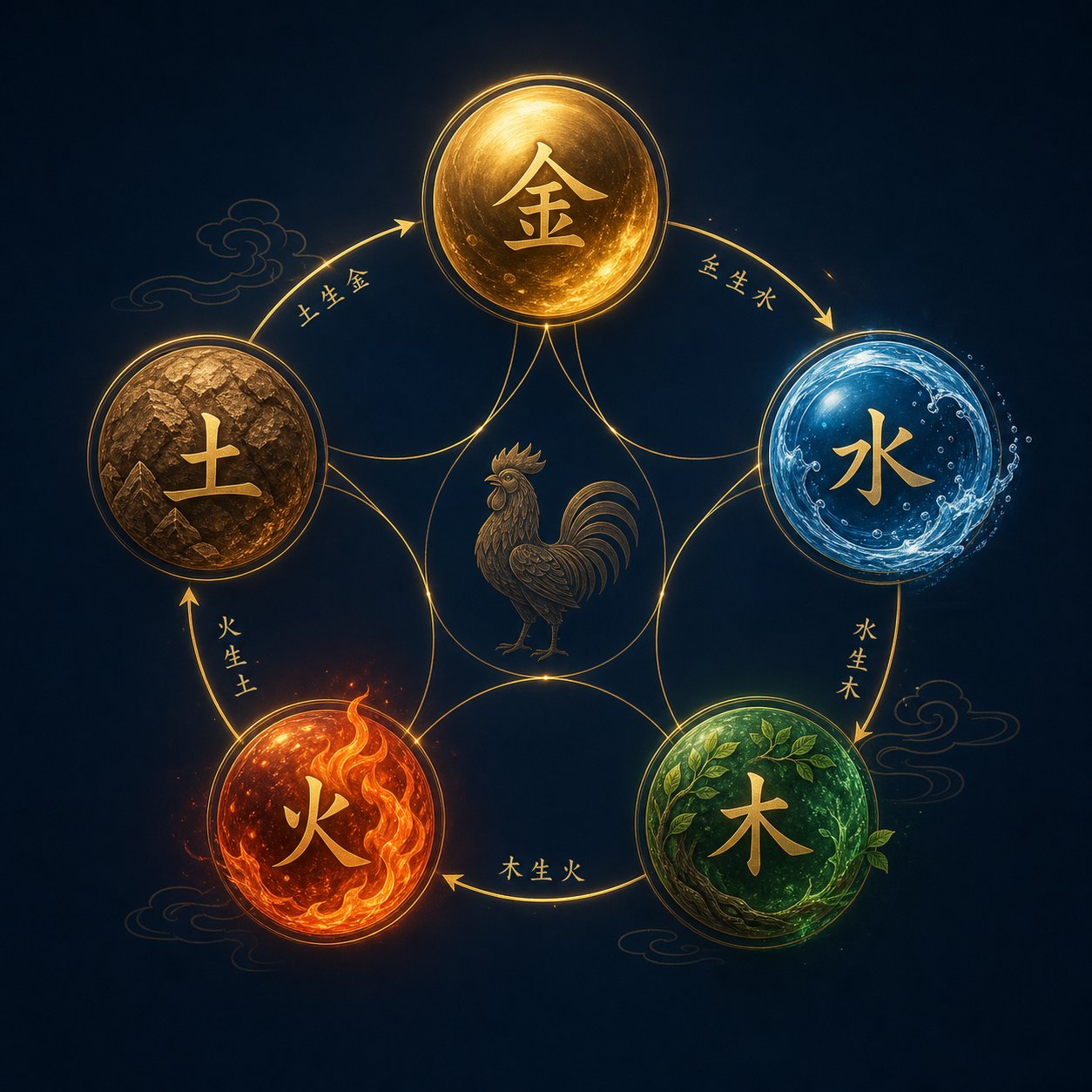 the five elements cycle showing how metal water wood fire and earth influence rooster year naming choices