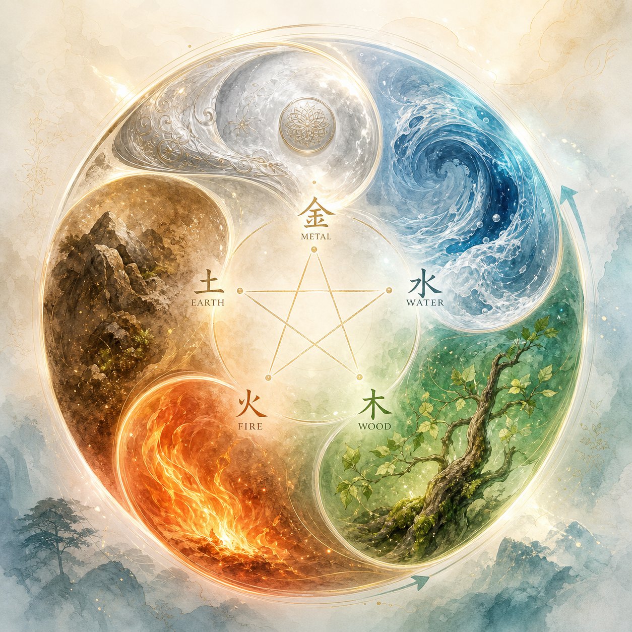 the five elements cycle showing how metal water wood fire and earth interact to shape rooster fortune