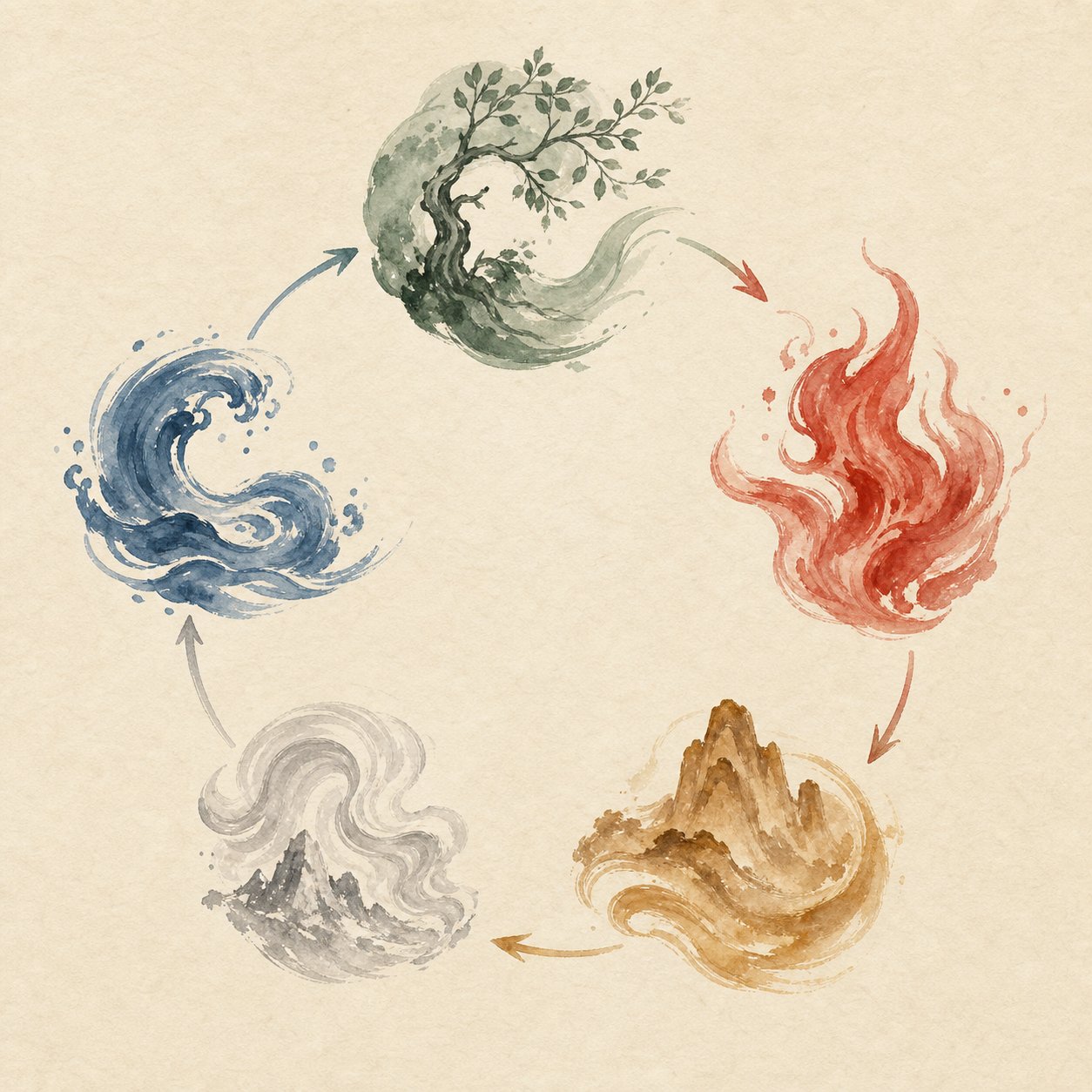 the five elements cycle showing how water nourishes wood energy in chinese philosophy