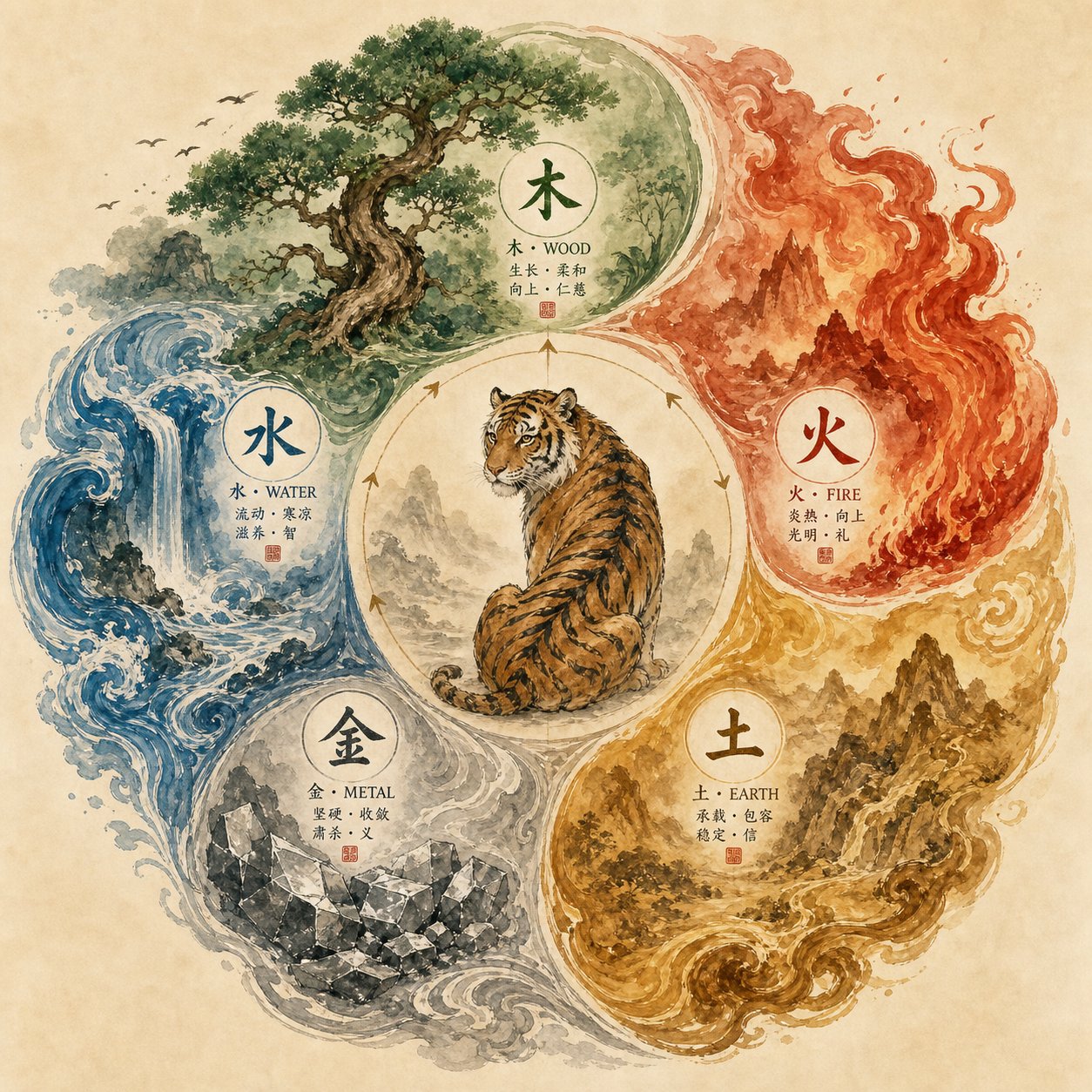 the five elements cycle showing how wood fire earth metal and water influence tiger year naming choices