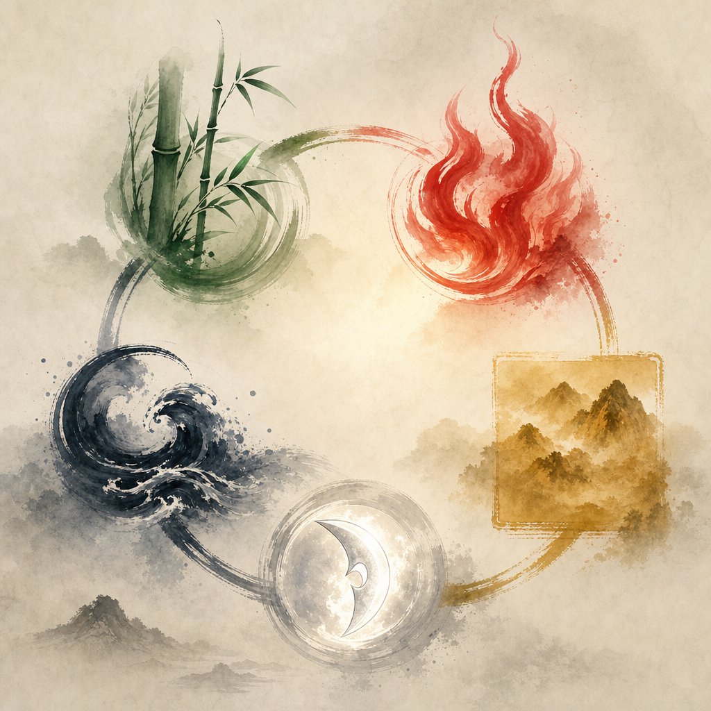 the five elements cycle showing how wood fire earth metal and water interact to guide dragon year naming decisions