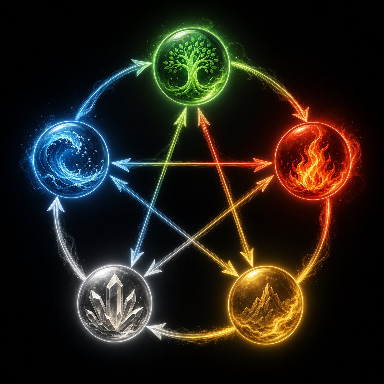 the five elements cycle showing productive and destructive relationships used in wuge grid evaluation