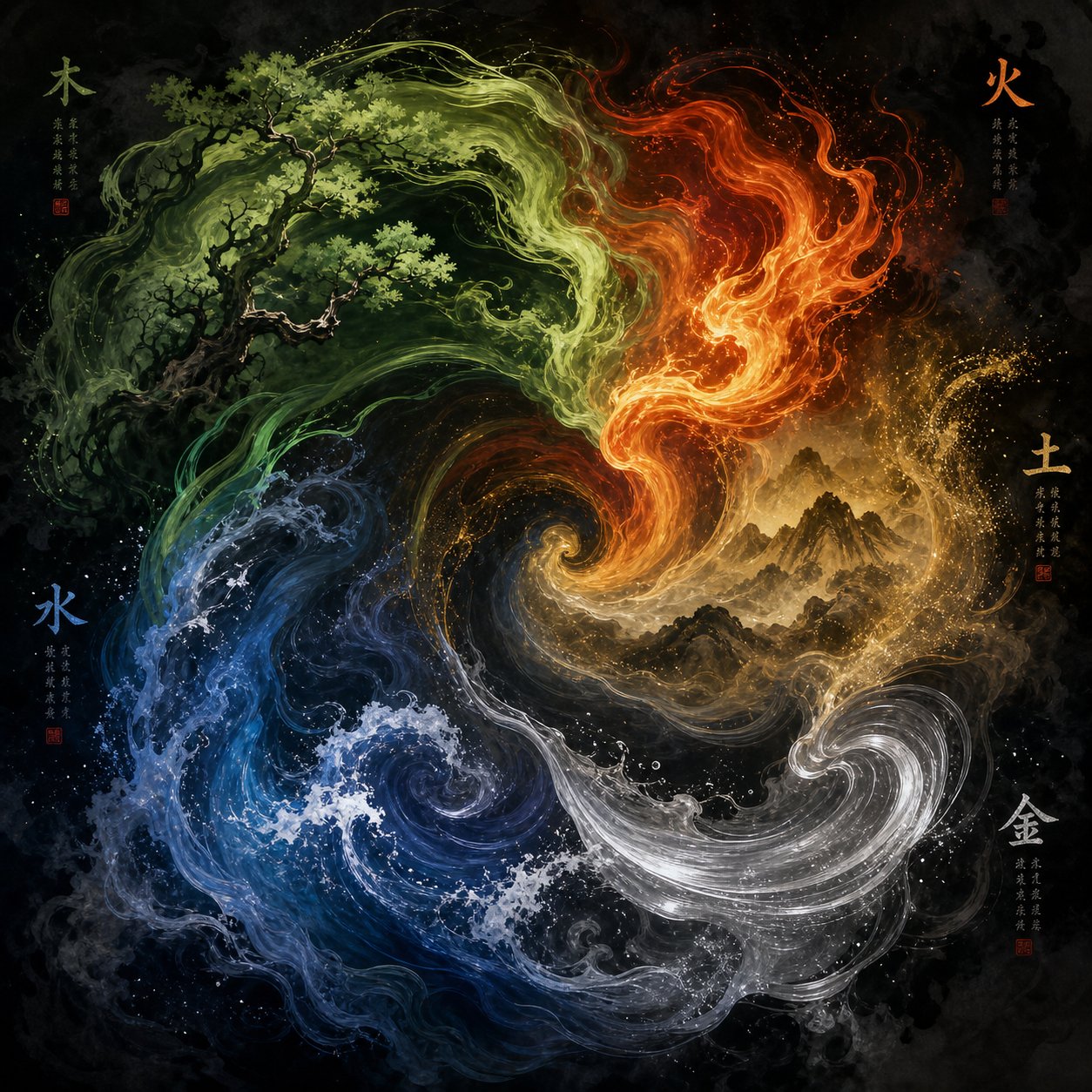the five elements in dynamic interaction representing how elemental clashes within a name create energetic conflict