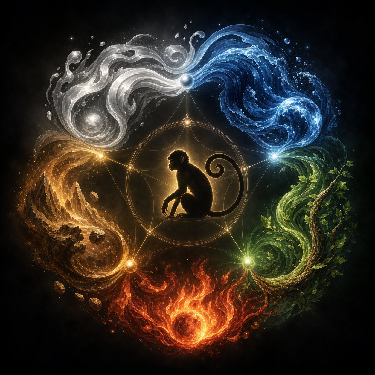 the five elements productive cycle showing how each elemental monkey type connects to different character energies